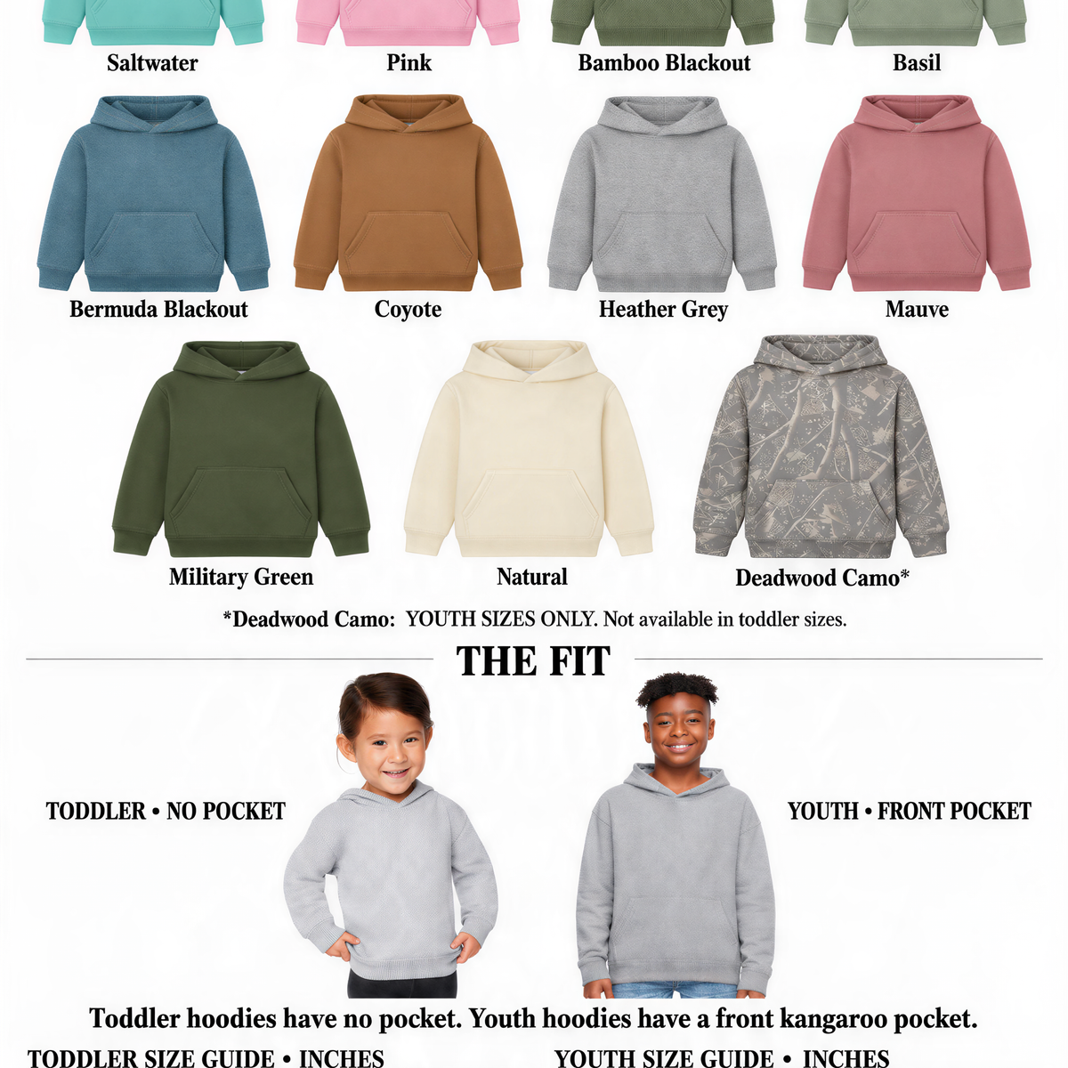 a collection of toddler and youth hoodies in various colors and sizes, along with a color, fit, and size guide.