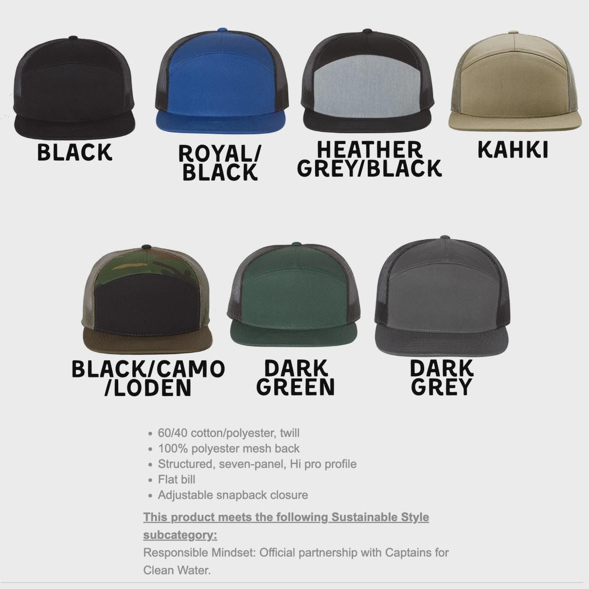 The image is a collection of seven different hat designs, each with a unique color and style.