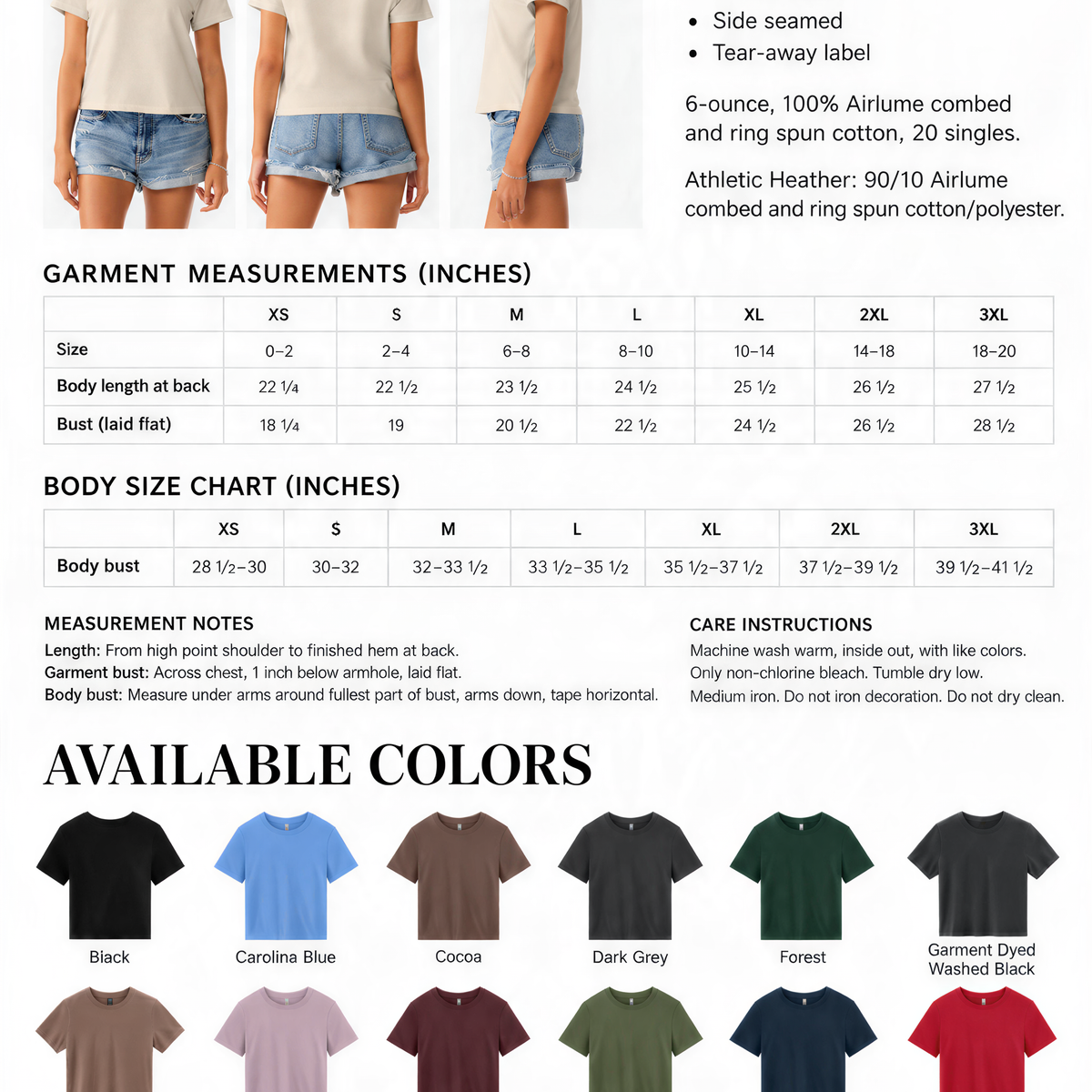 The image is a collage of various images showcasing different styles and colors of t-shirts, including a woman in a white shirt, a woman in a black shirt, and a woman in a red shirt. The images also display the available colors and sizes of the t-shirts.