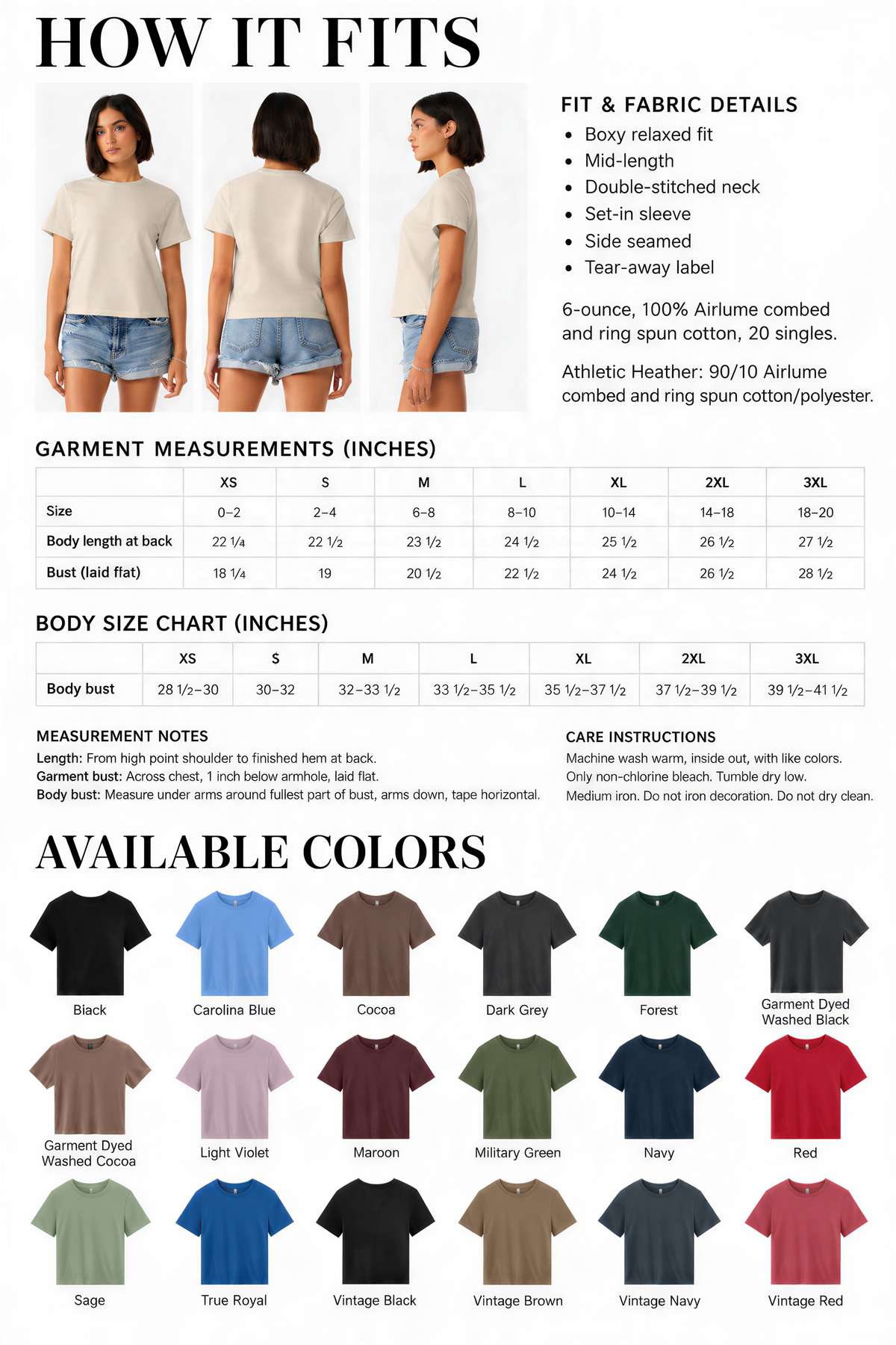 The image is a collage of various images showcasing different styles and colors of t-shirts, including a woman in a white shirt, a woman in a black shirt, and a woman in a red shirt. The images also display the available colors and sizes of the t-shirts.