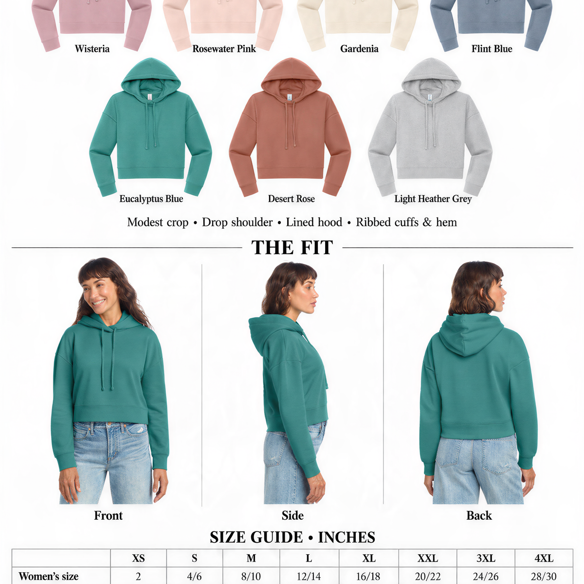 The image is a color and size guide for women's cropped hoodies. It displays various color options and corresponding sizes, along with a side-by-side comparison of the front and back views of the hoodies. The guide provides measurements for different body types, including XS, S, M, L, XL, and XXL, as well as the corresponding sleeve and back lengths. The guide also mentions that the hoodies are machine washed cold with like colors and tumble-dried.