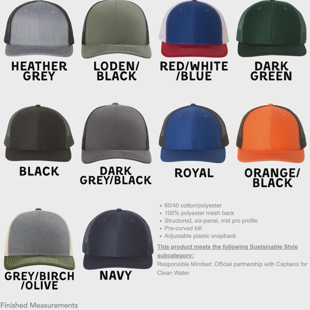 a collection of twelve different trucker caps in various colors and styles, including grey, black, red, green, navy, and orange.