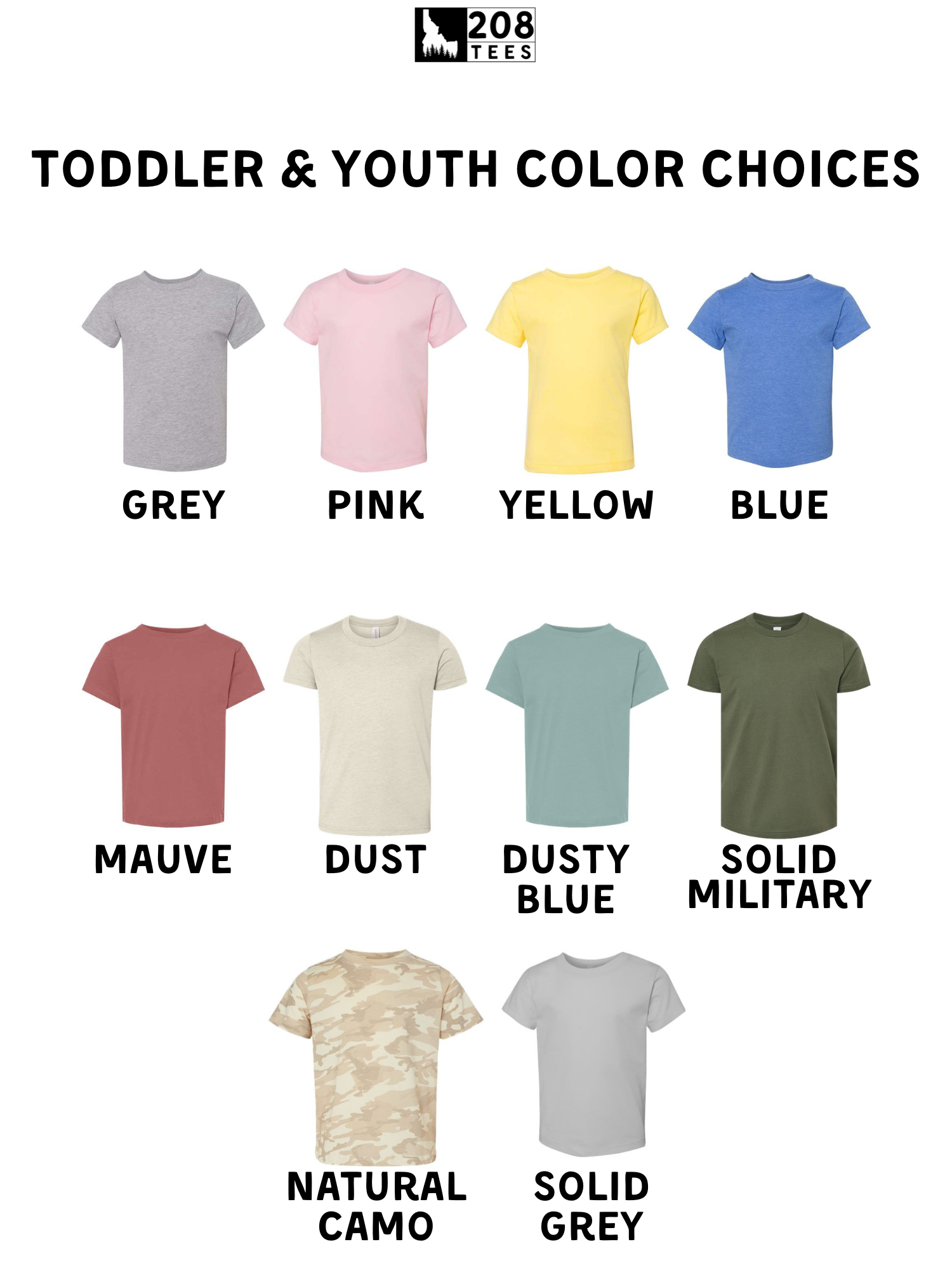 a collection of t-shirt designs in various colors and styles, including gray, pink, yellow, blue, green, maroon, dusty blue, solid blue, natural camouflage, and solid grey.