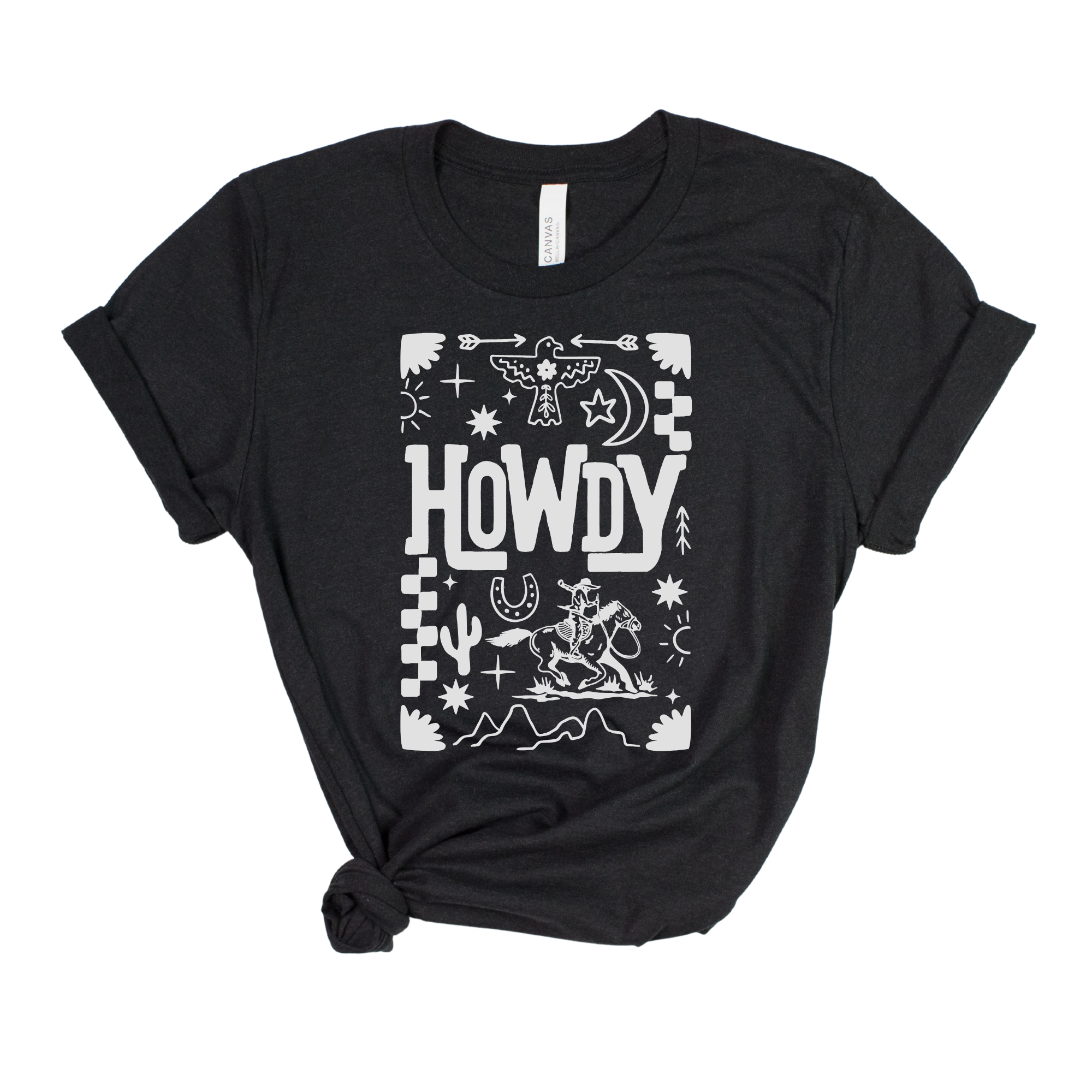 Black t-shirt with white graphic design featuring the word 'Howdy' on a white background
