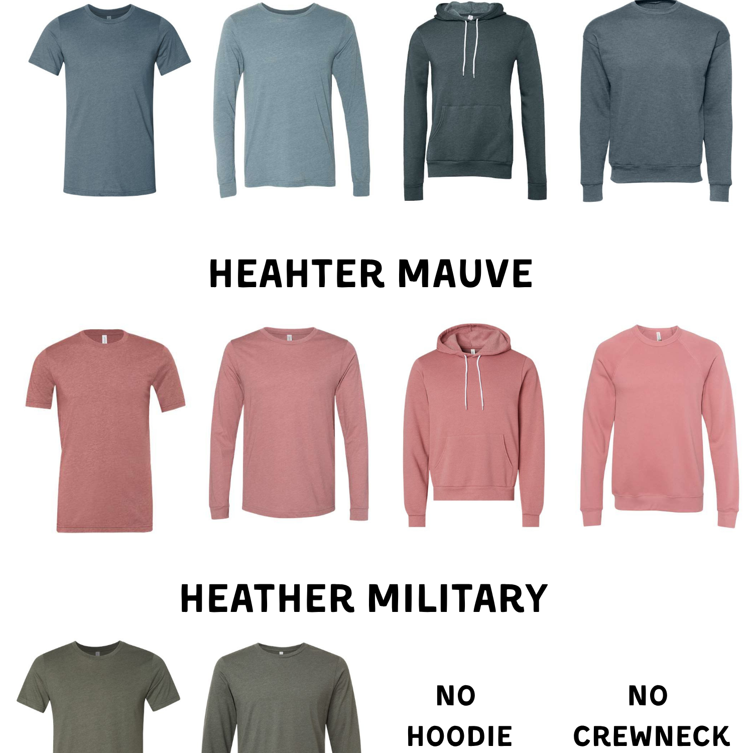 a collection of various t-shirt designs, including a slate gray long-sleeve shirt, a mauve long-sleeve shirt, a pink hoodie, and a crew-neck sweatshirt.