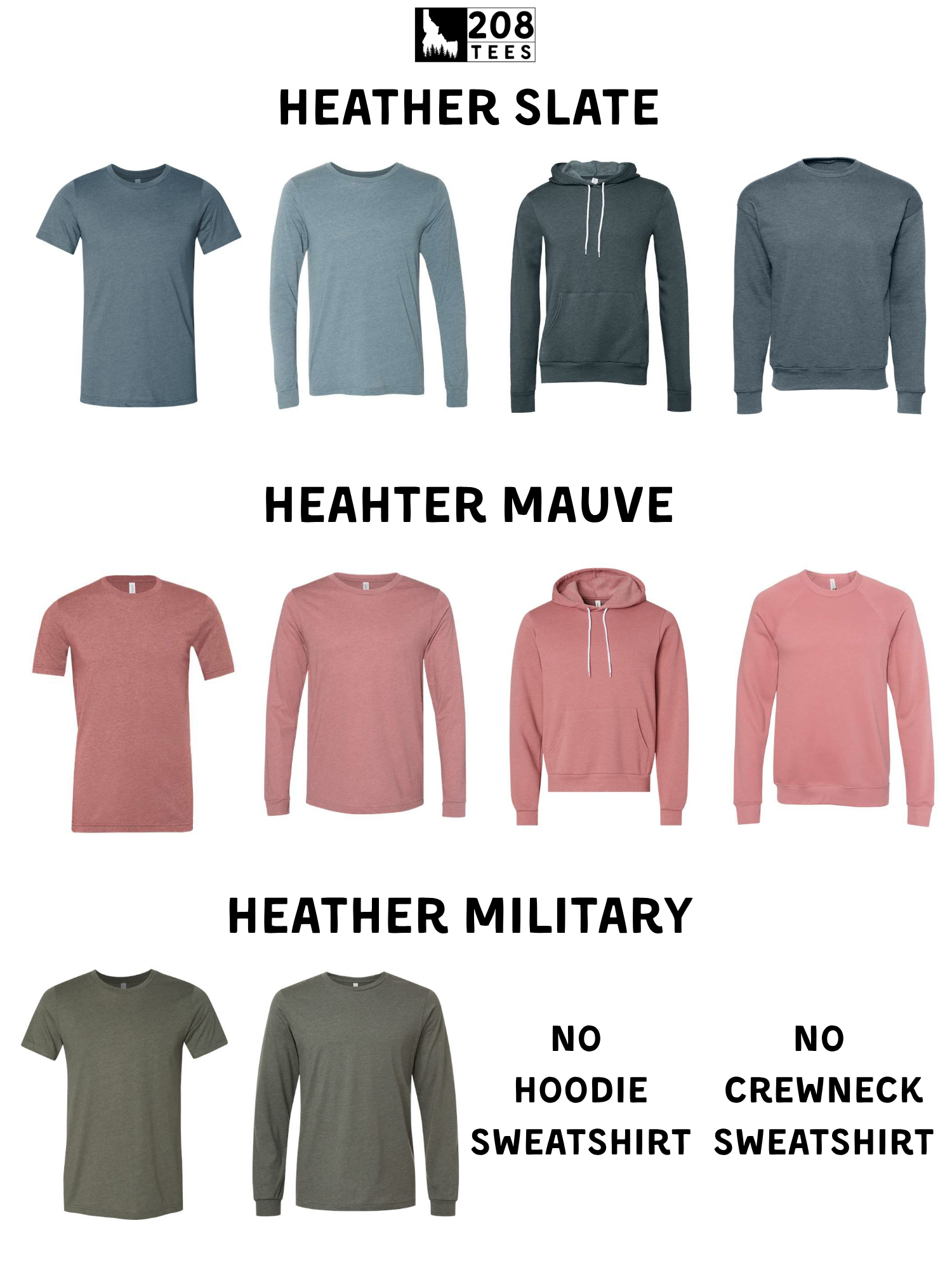 a collection of various t-shirt designs, including a slate gray long-sleeve shirt, a mauve long-sleeve shirt, a pink hoodie, and a crew-neck sweatshirt.