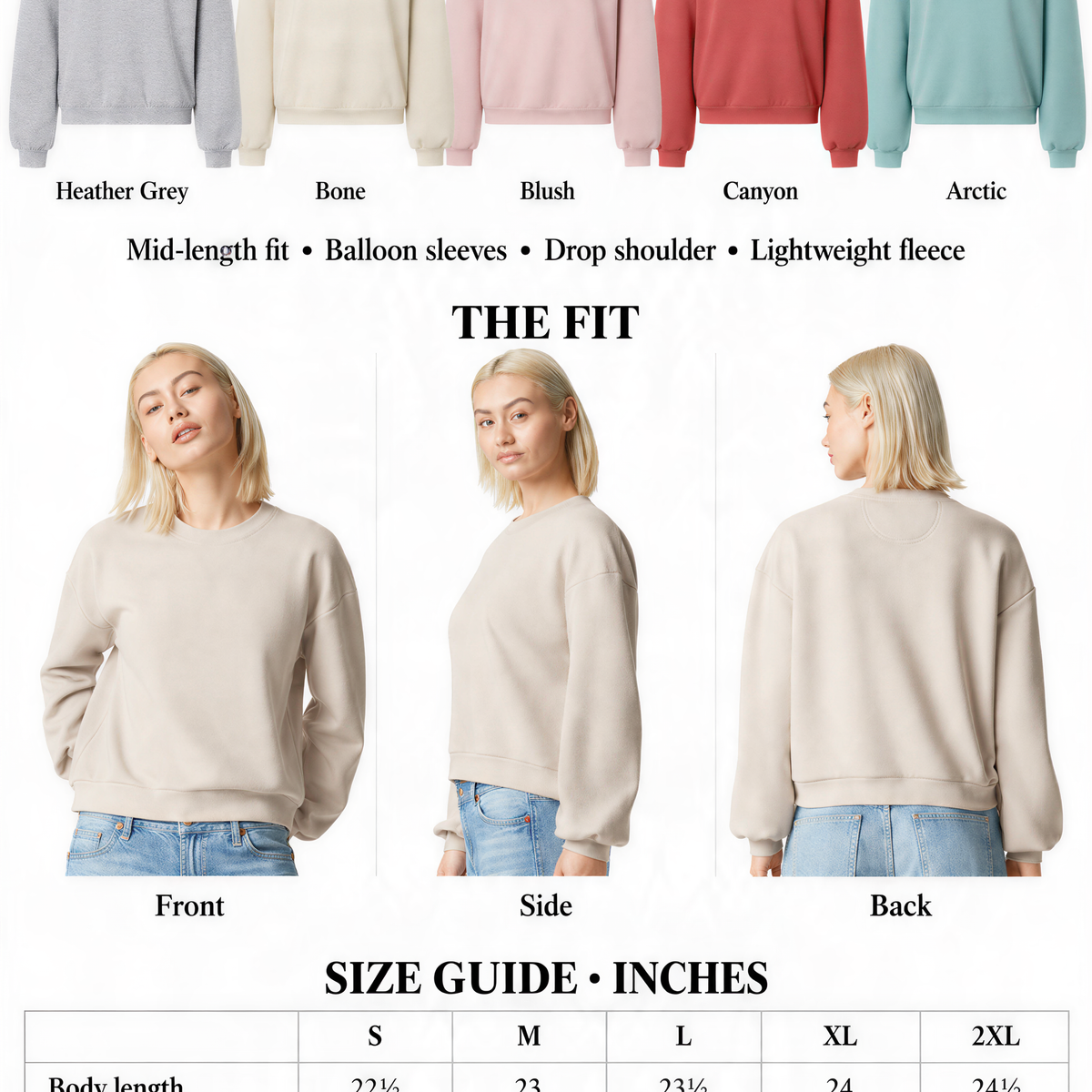The image is a color and size guide for women's mid-length crew necks. It displays six different crew neck styles in various colors and sizes, along with corresponding measurements and descriptions.