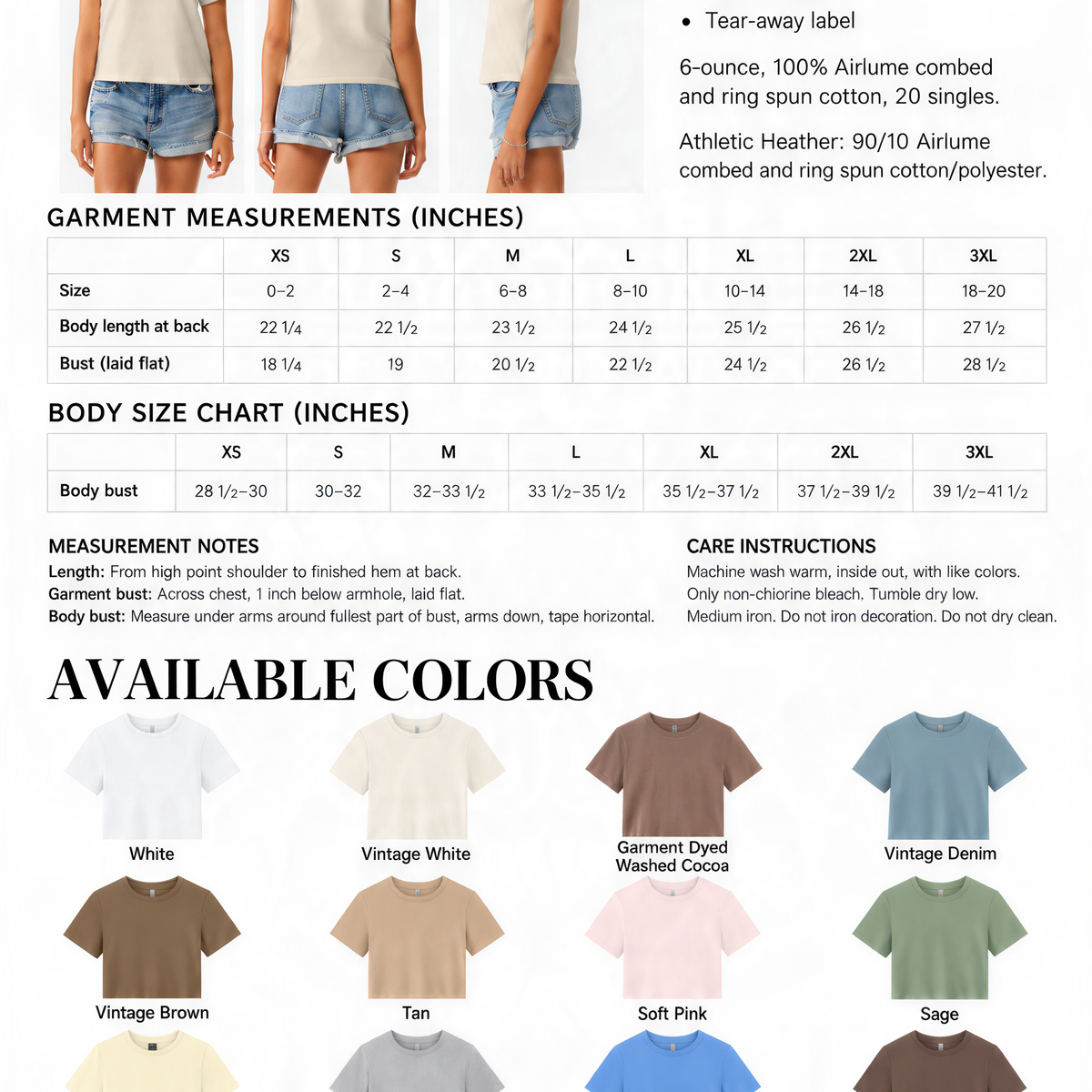 The image is a collage of various t-shirt designs, including different colors and styles, along with measurements and fit details.
