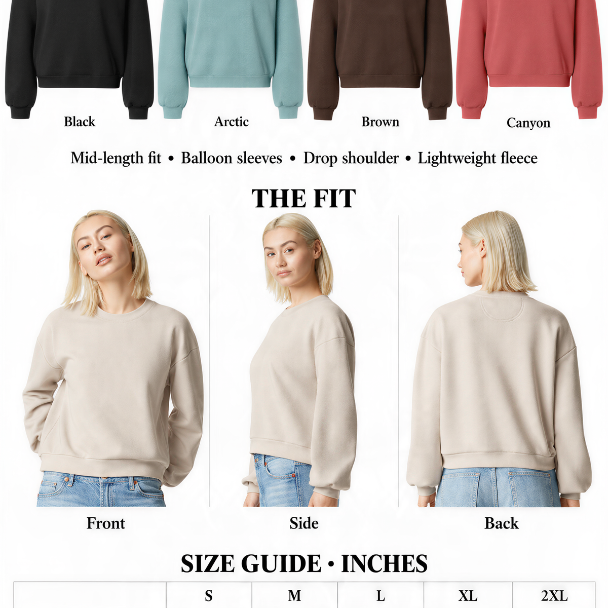 The image is a color and size guide for women's mid-length crew necks. It displays three different crew neck sweatshirts in various colors and sizes, along with a side-by-side comparison of the front and back views of the sweatshirts. The guide provides measurements and descriptions for each sweatshirt, including chest width, body length, sleeve width, and the type of fabric used.
