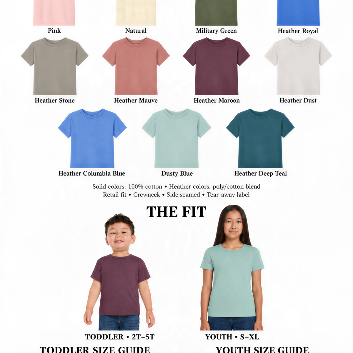 The image is a color, fit, and size guide for toddlers and youth tees. It displays a variety of t-shirt designs in different colors and sizes, along with corresponding fit and size recommendations for each age group.