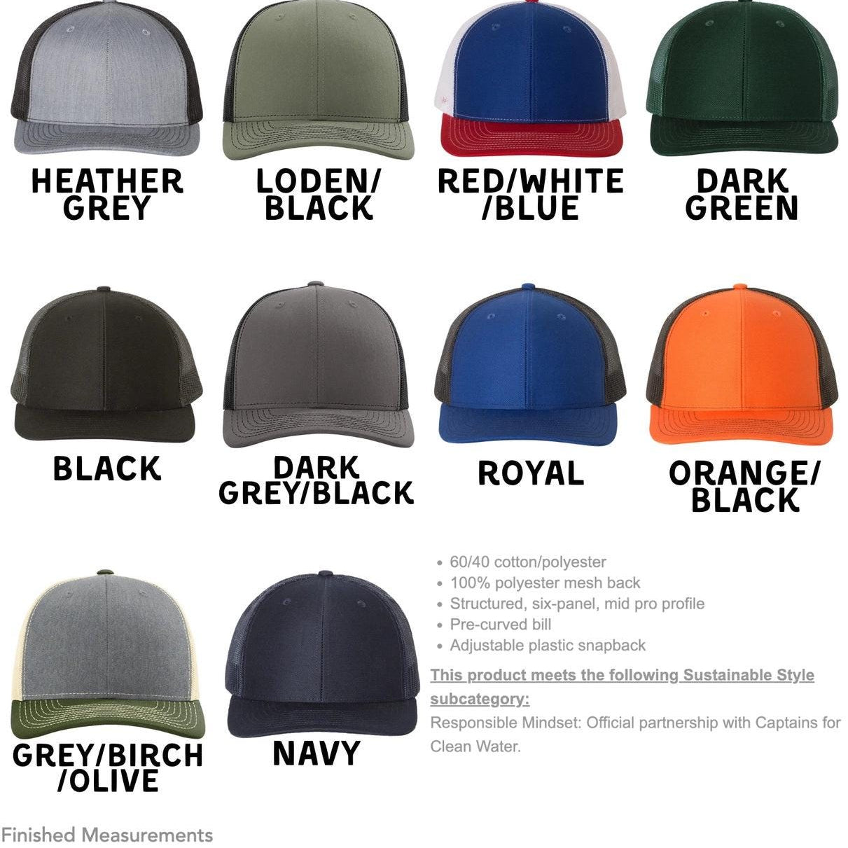 a collection of twelve different trucker caps in various colors and styles, including grey, black, red, green, navy, and orange.