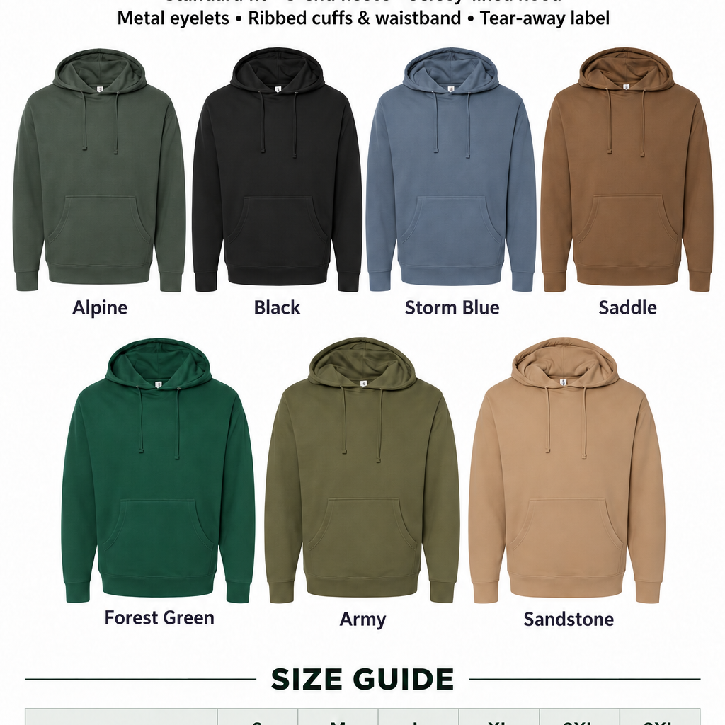The image is a color and size guide for hoodies, displaying various color options and corresponding sizes.