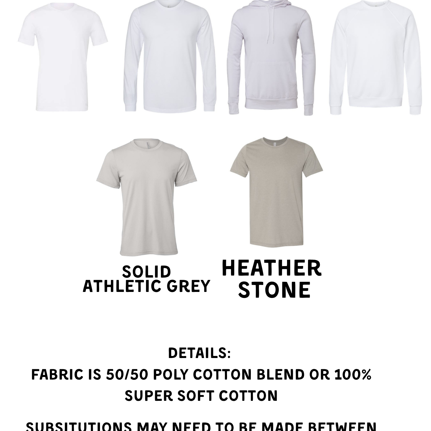 a collection of solid white long-sleeved T-shirts in various colors, including solid grey, Heather stone, and solid athletic grey.