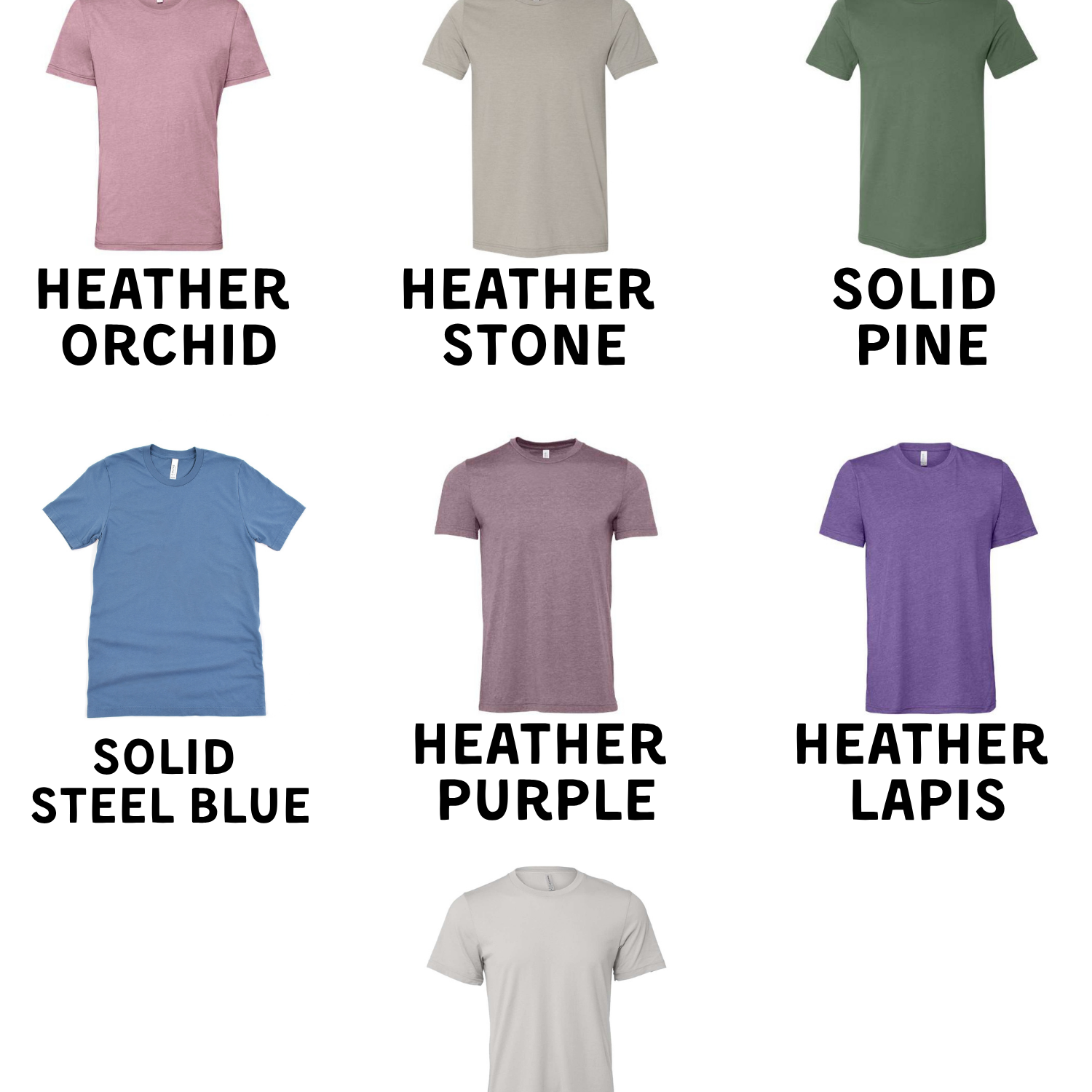 a collection of six different t-shirt designs, each with a unique color and style, arranged in a grid format.