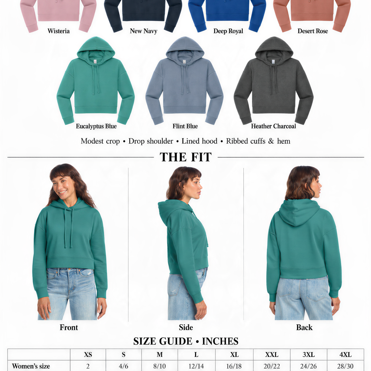 a women's cropped hoodie is shown in different colors