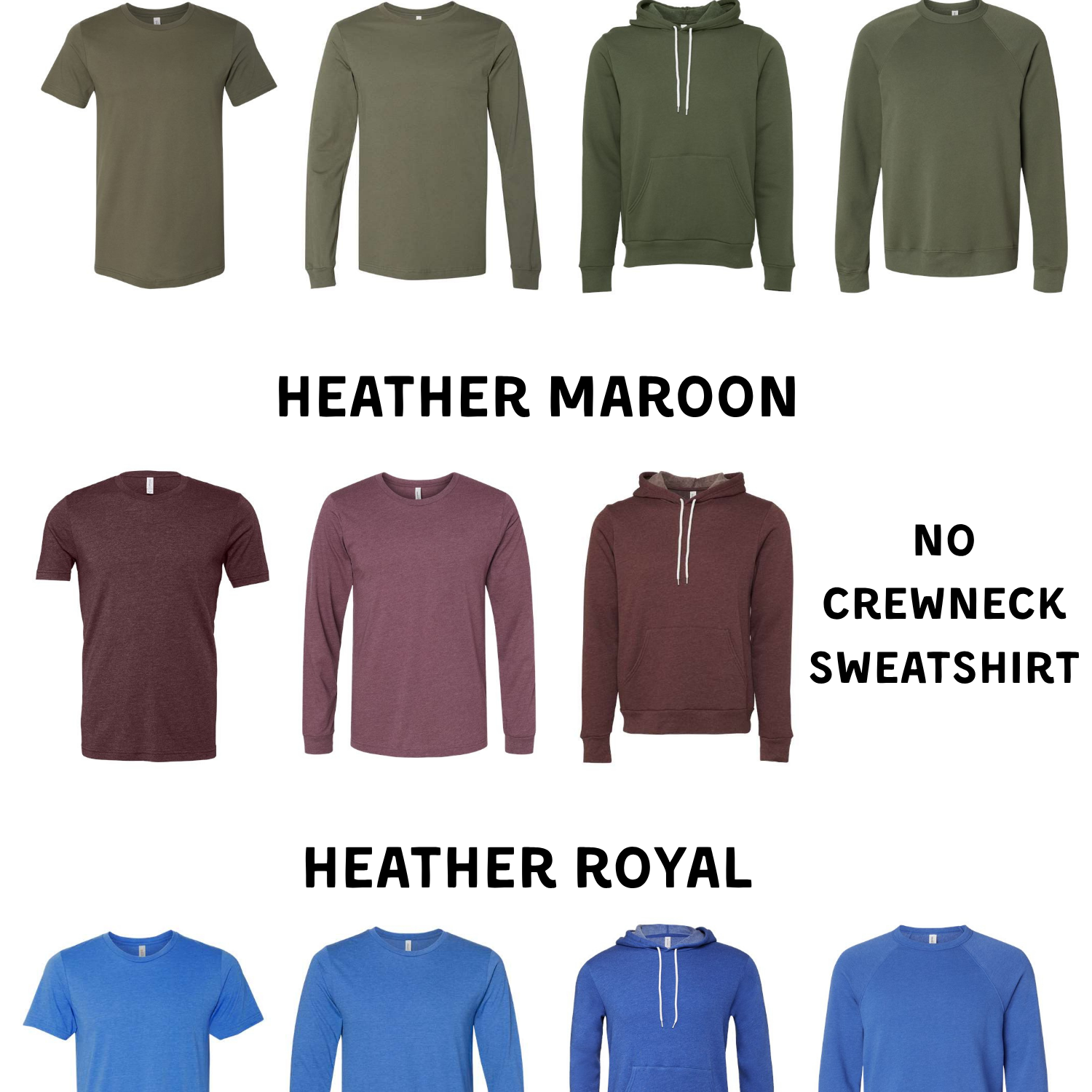 a collection of solid military t-shirts in various colors, including olive green, burgundy, maroon, and royal blue.