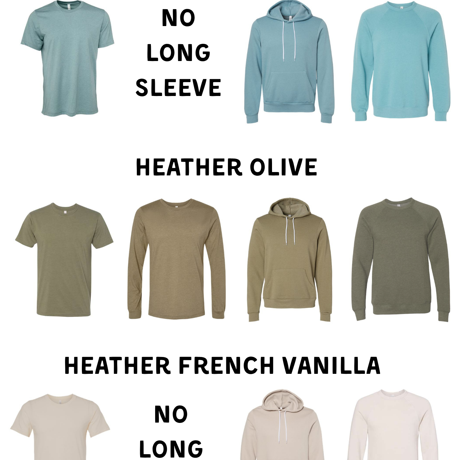 a collection of t-shirts in various colors and styles, including Heather Athletic Grey, Heather Olive, and Heather French Vanilla, with no long sleeve.