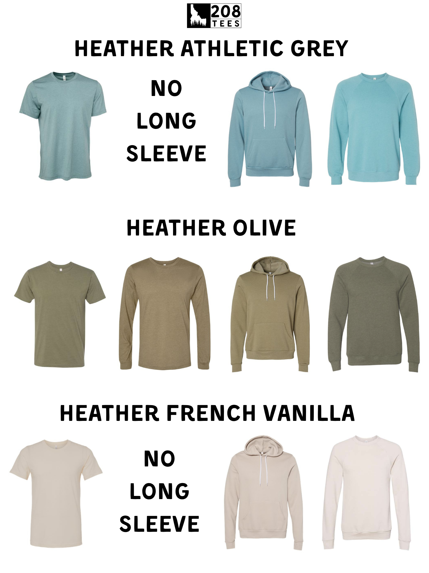 a collection of t-shirts in various colors and styles, including Heather Athletic Grey, Heather Olive, and Heather French Vanilla, with no long sleeve.