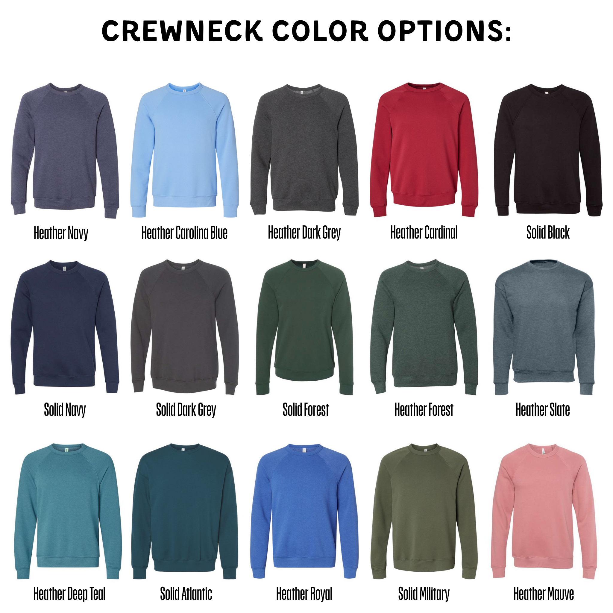 a collection of crew neck sweaters in various colors, including navy, blue, dark grey, dark green, forest, solid black, solid grey, forest, solid royal, solid military, and pink.