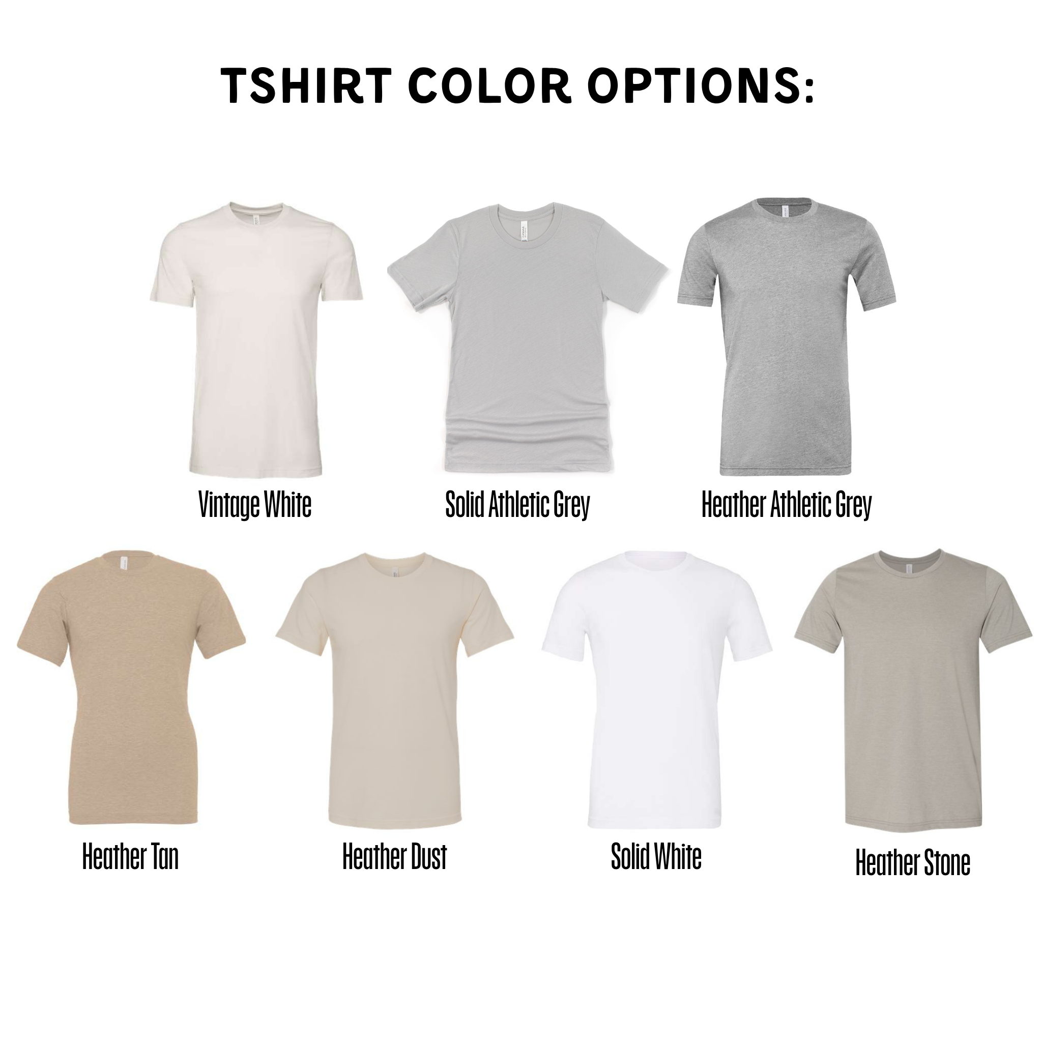 a collection of six t-shirt designs in various colors, including white, solid grey, and beige.