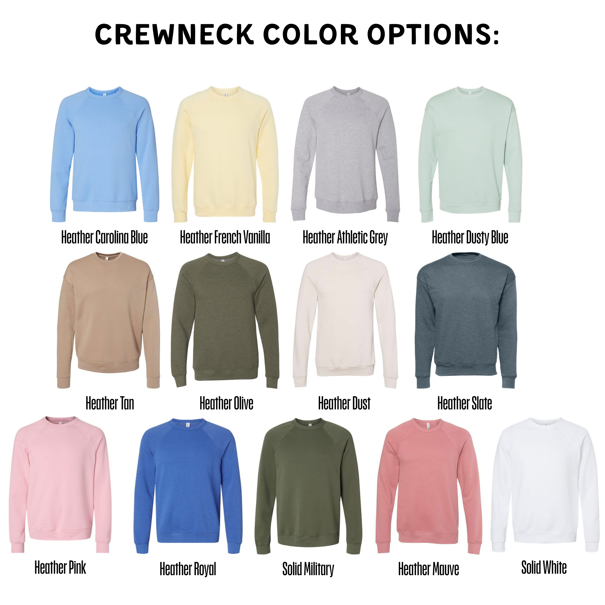 a collection of crew neck sweatshirts in various colors, including blue, yellow, green, gray, and pink.