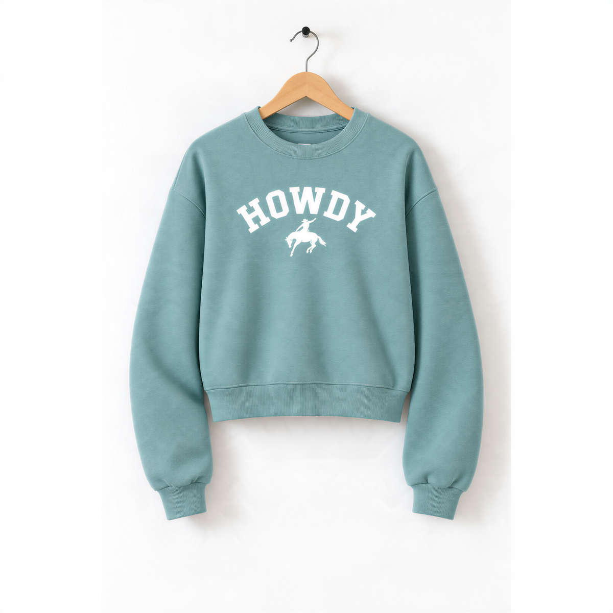 A light blue sweatshirt with the word "HOWDY" printed on it, hanging on a wooden hanger.