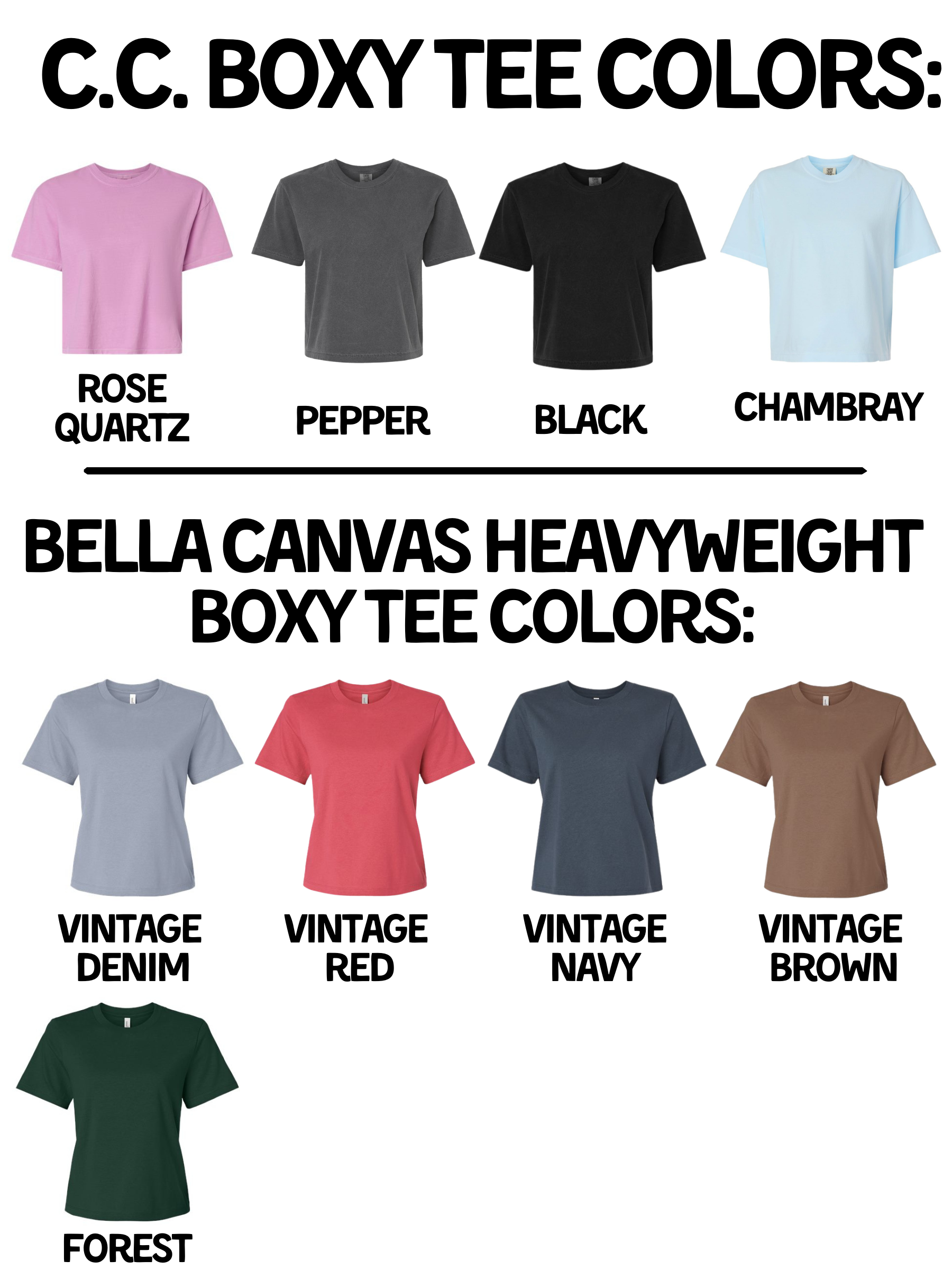 a collection of t-shirt colors, including rose quartz, pepper, black, chambray, bell canvas, vintage denim, vintage red, vintage navy, and vintage brown.