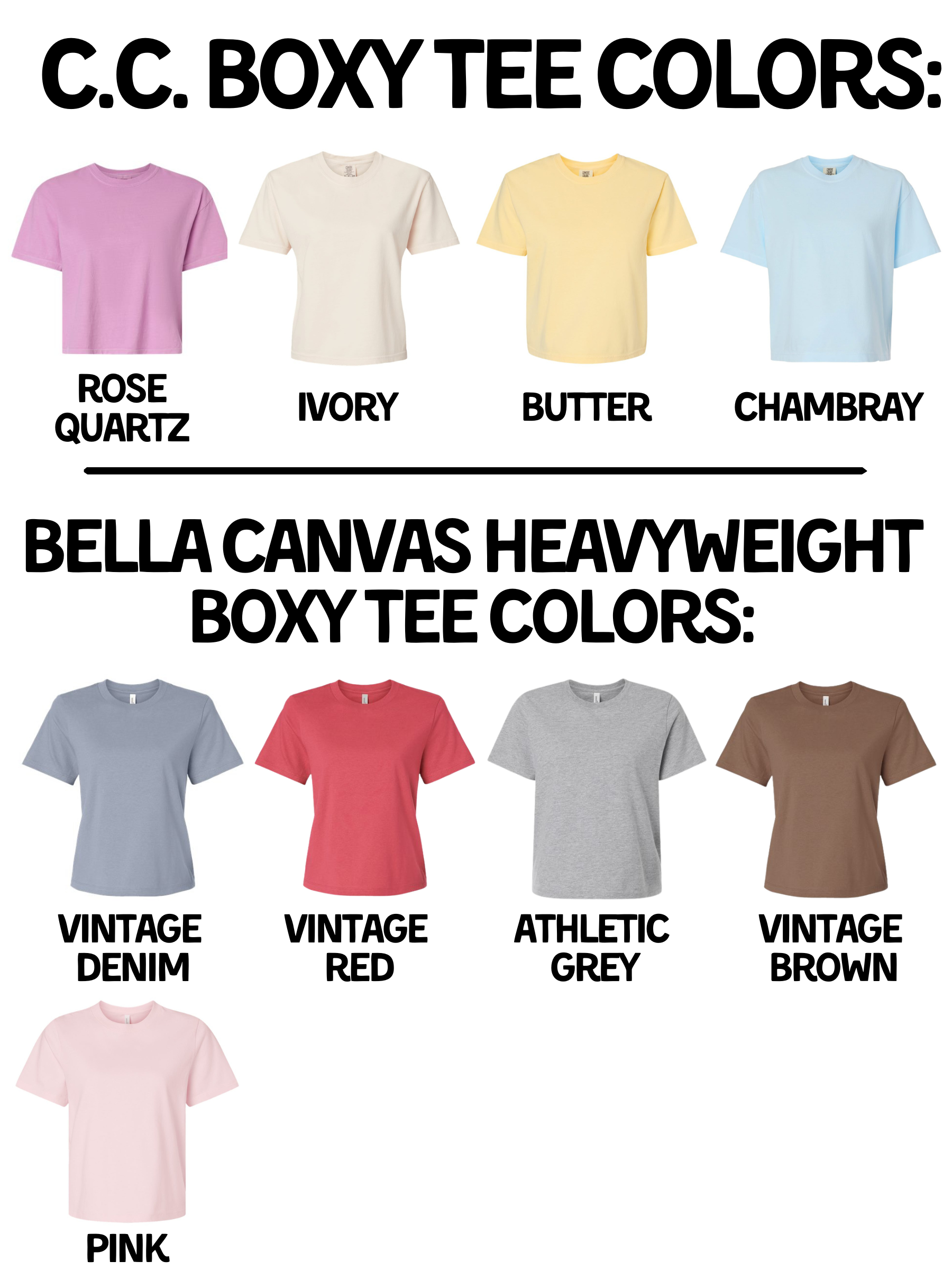 a collection of t-shirt colors, including rose quartz, ivory, butter, chambray, bell canvas, heavyweight, vintage denim, vintage red, athletic grey, and vintage brown.