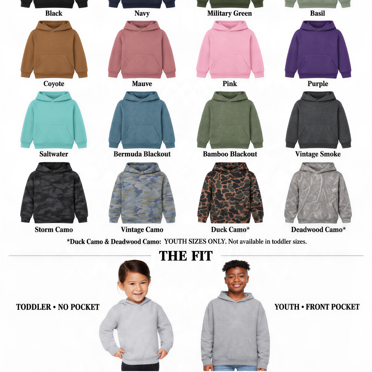 The image is a color and fit size guide for toddler and youth hoodies, featuring a variety of hoodie designs in different colors and sizes.