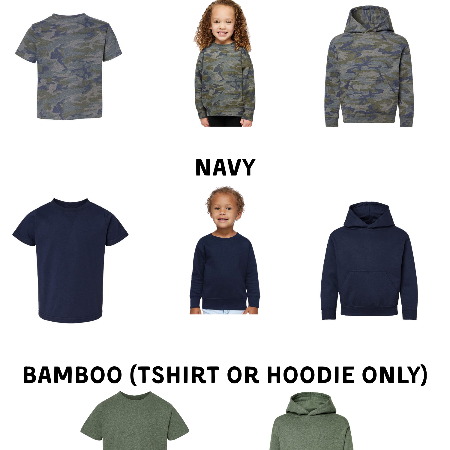 a variety of clothing items, including camouflage tops, navy tops, and bamboo tops, arranged in a grid format.