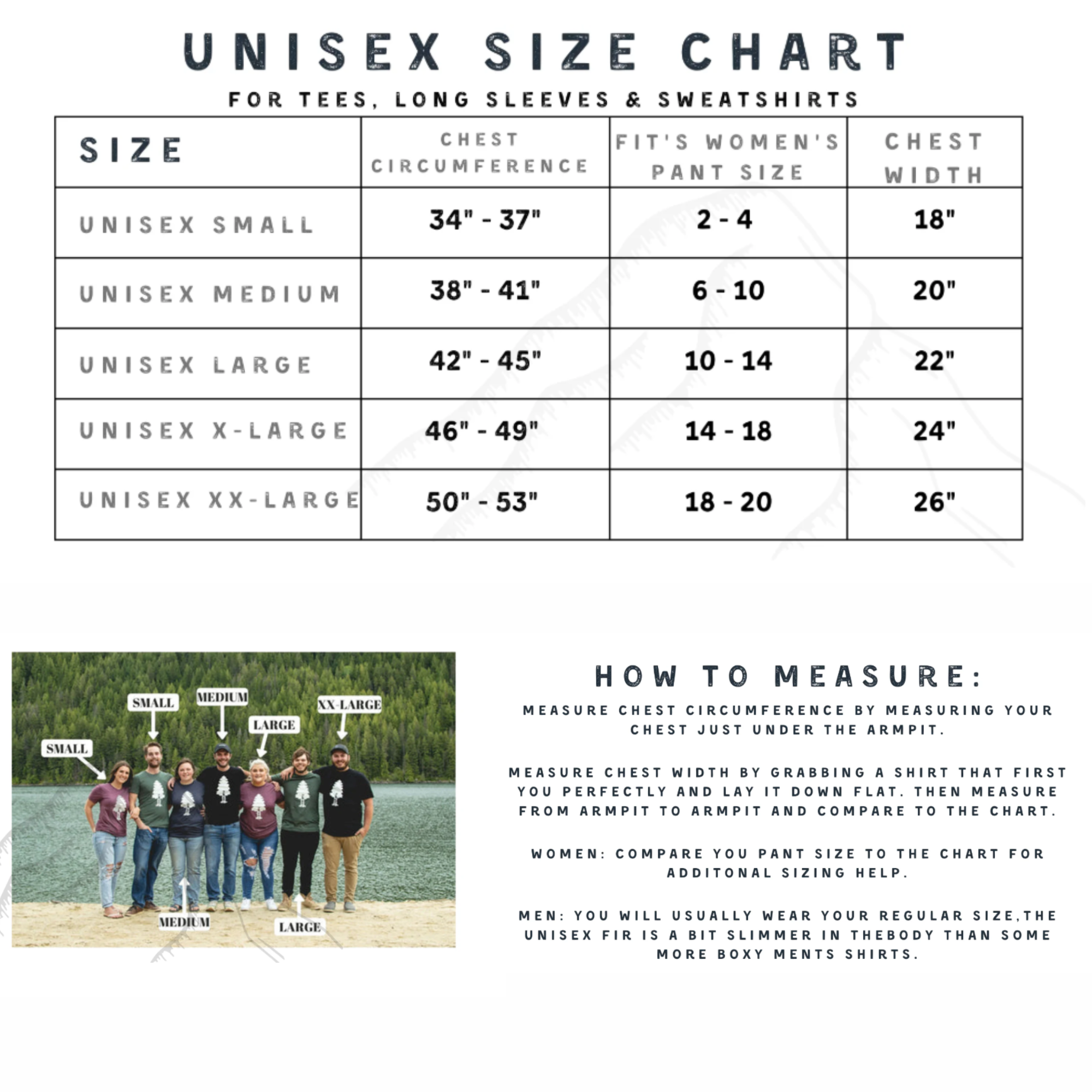 The image is a size chart for men's long sleeves and sweatshirts, providing measurements for chest circumference, chest width, and waist size. It includes a group photo of men wearing the shirts, which is labeled with the corresponding size.