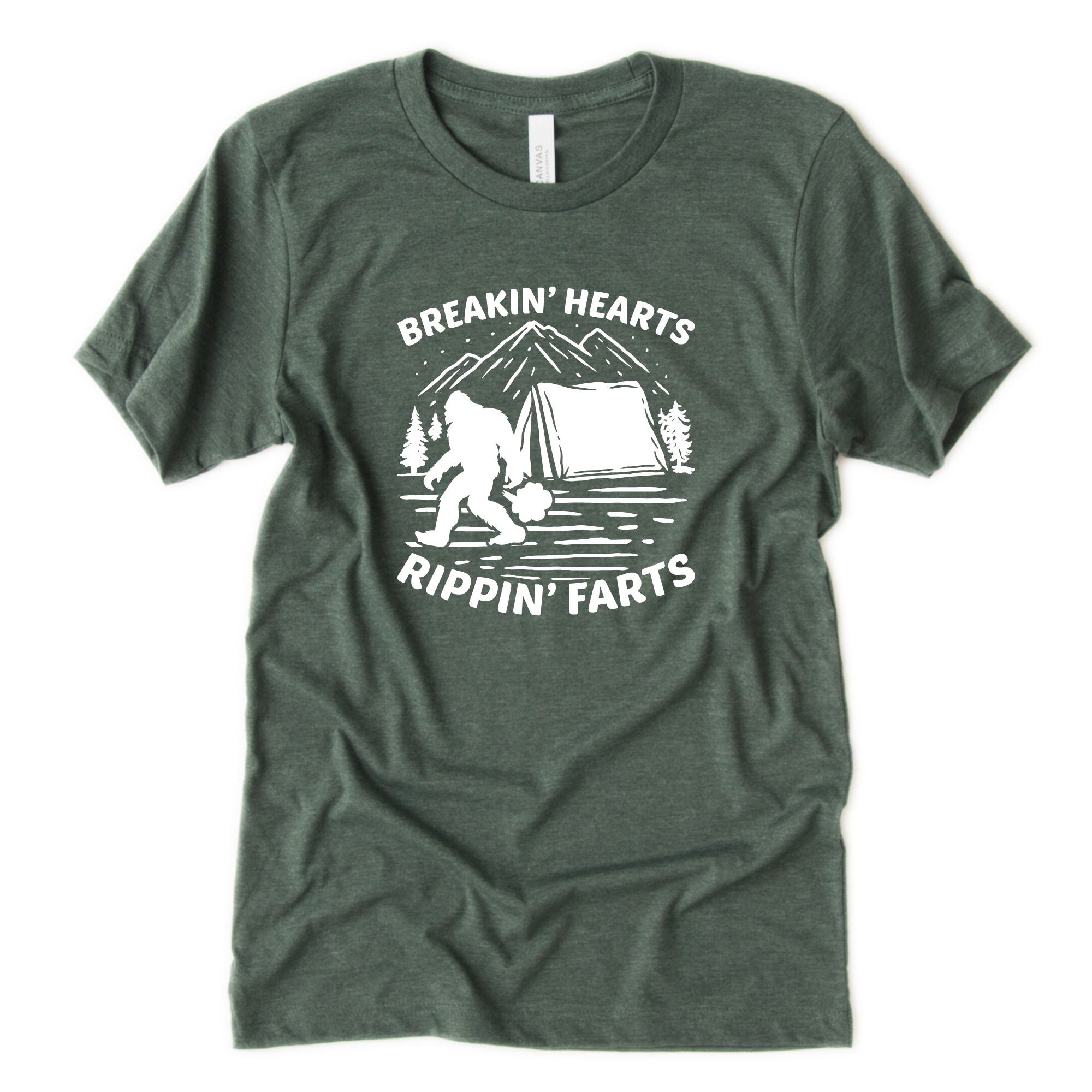 Funny Bigfoot t-shirt with camping scene and words “Breakin Hearts and Rippin Farts”