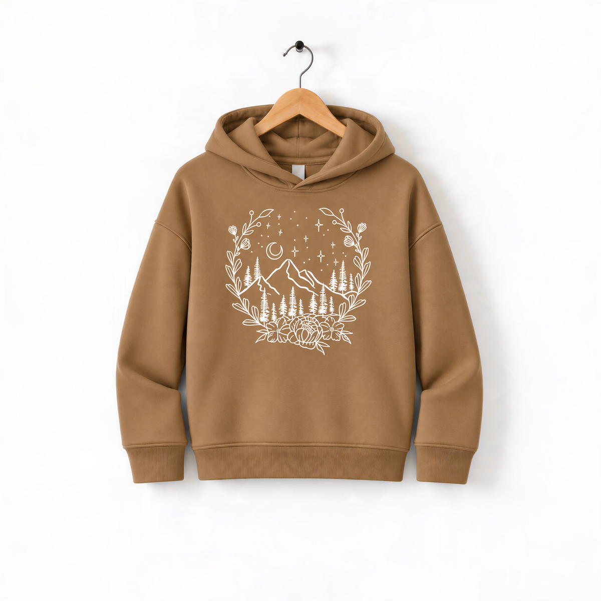A brown hoodie with a white floral design on the front, hanging on a wooden hanger against a white background.