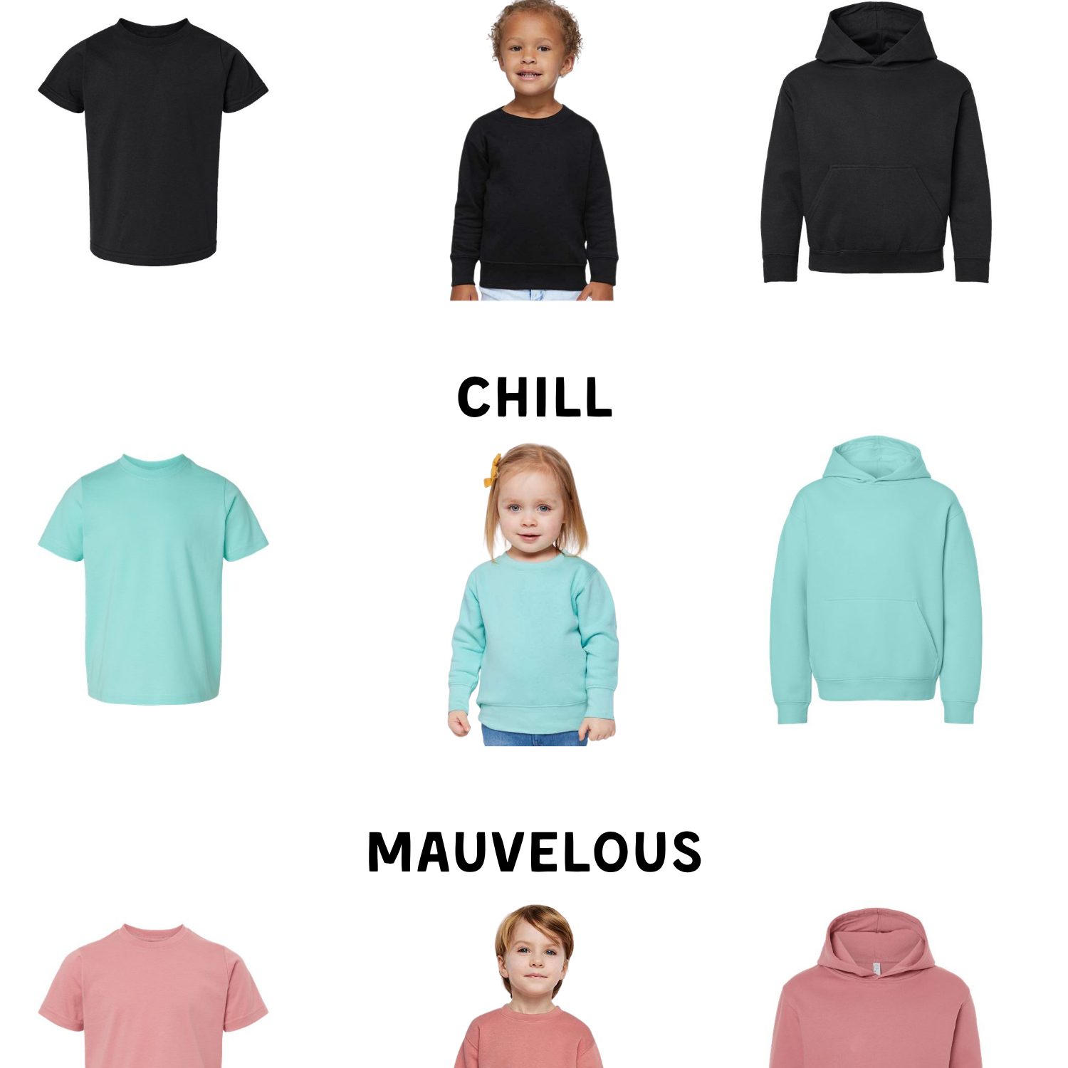 a collection of children's clothing items, including black t-shirts, black hoodies, blue t-shirts, blue hoodies, and pink t-shirts, arranged in a grid format.
