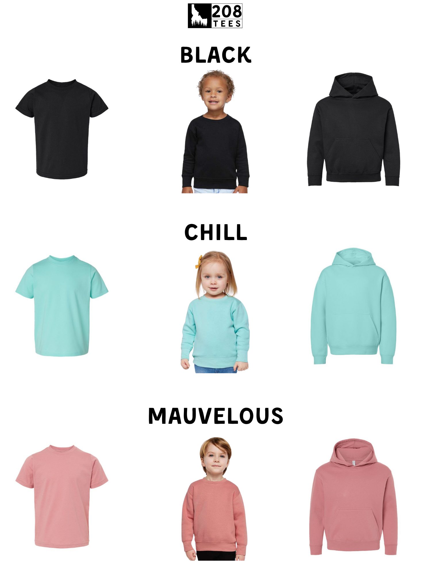 a collection of children's clothing items, including black t-shirts, black hoodies, blue t-shirts, blue hoodies, and pink t-shirts, arranged in a grid format.