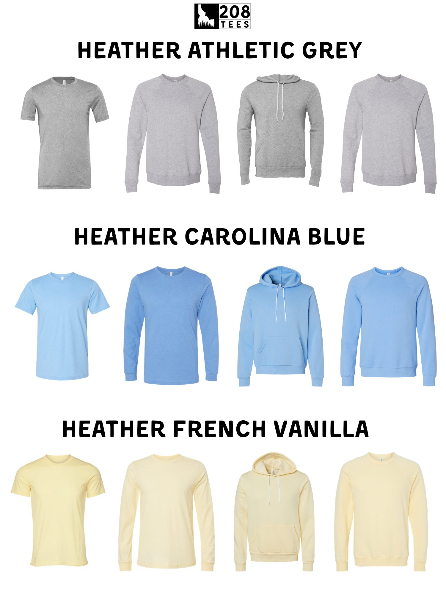 a collection of various gray and blue long-sleeved T-shirts, including options for athletic grey, blue, vanilla, and French vanilla.