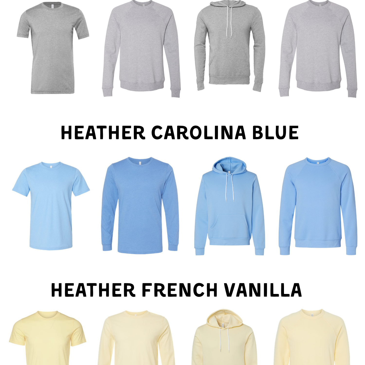 a collection of various gray and blue long-sleeved T-shirts, including options for athletic grey, blue, vanilla, and French vanilla.