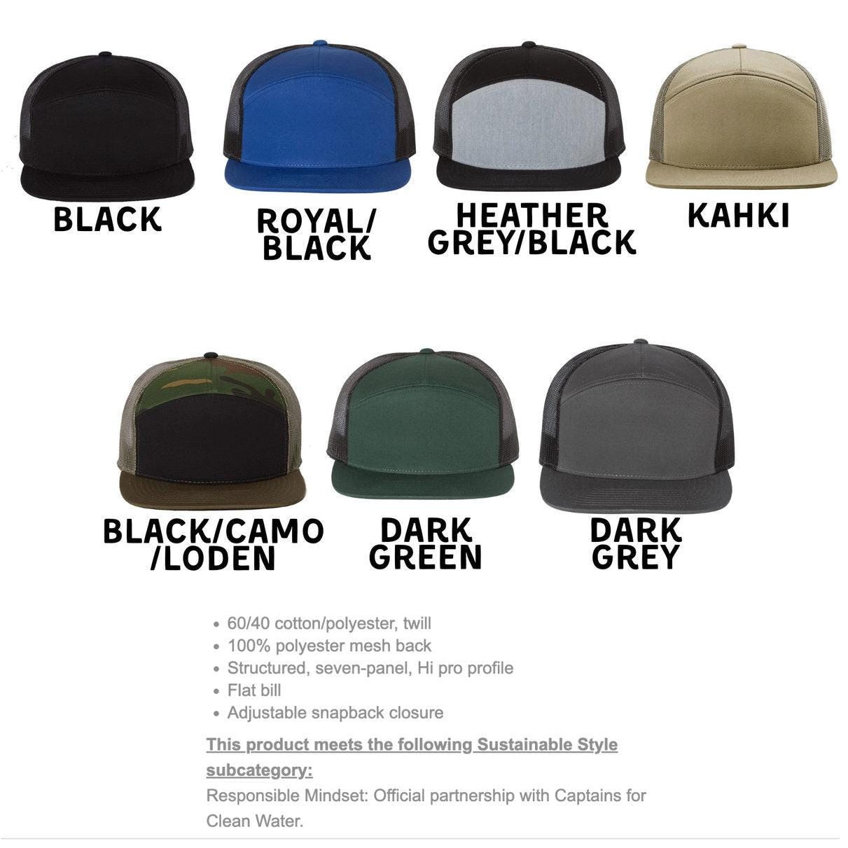 The image is a collection of seven different hat designs, each with a unique color and style.