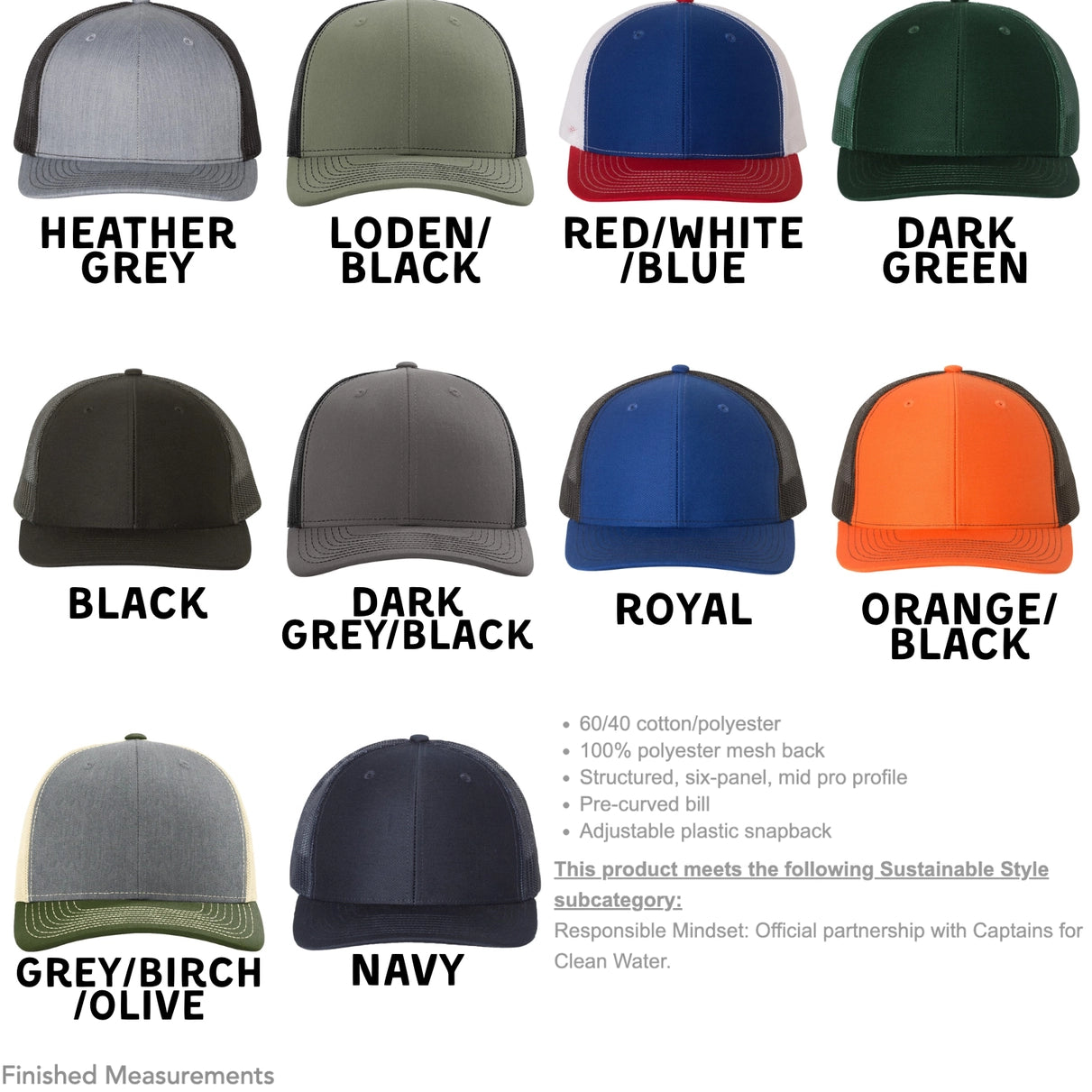 a collection of twelve different trucker caps in various colors and styles, including grey, black, red, green, navy, and orange.