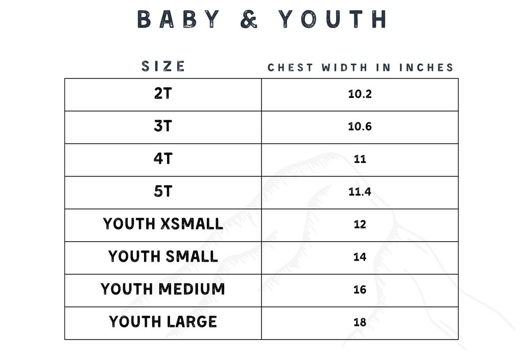 Shop 208 Tees Kids Size Chart  -  An online graphic t-shirt boutique located in Athol, Idaho