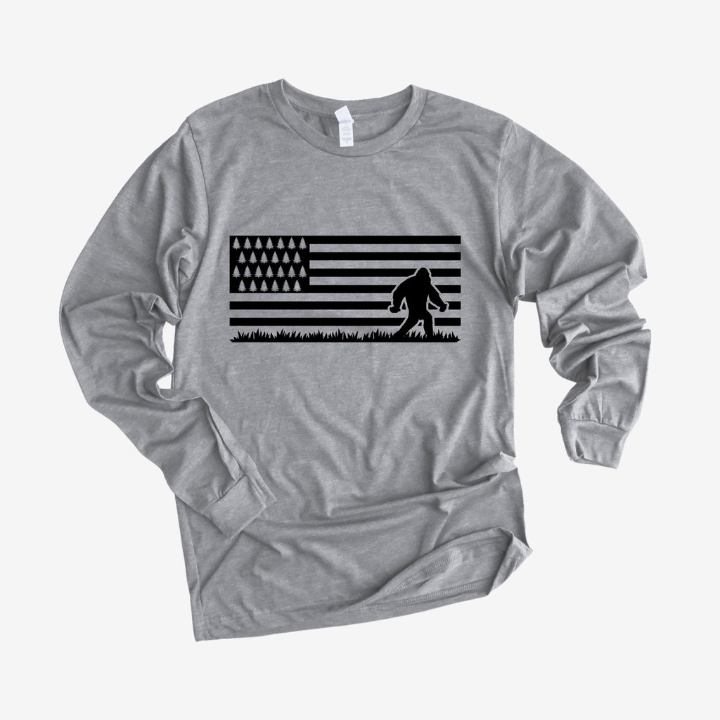 Bigfoot Flag Long Sleeve Shirt for Men-Long Sleeves-208 Tees- 208 Tees, A Women's, Men's and Kids Online Graphic Tee Boutique, Located in Spirit Lake, Idaho