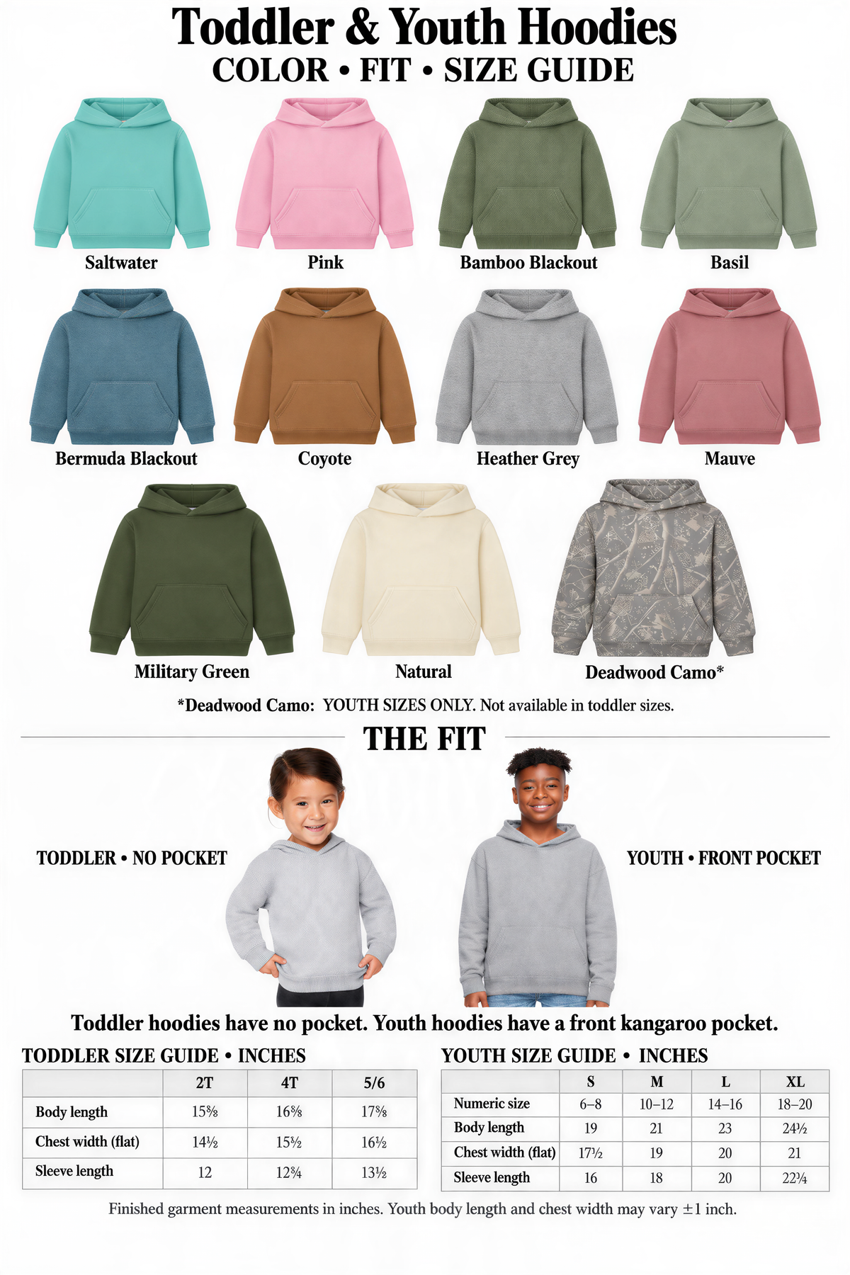 a collection of toddler and youth hoodies in various colors and sizes, along with a color, fit, and size guide.
