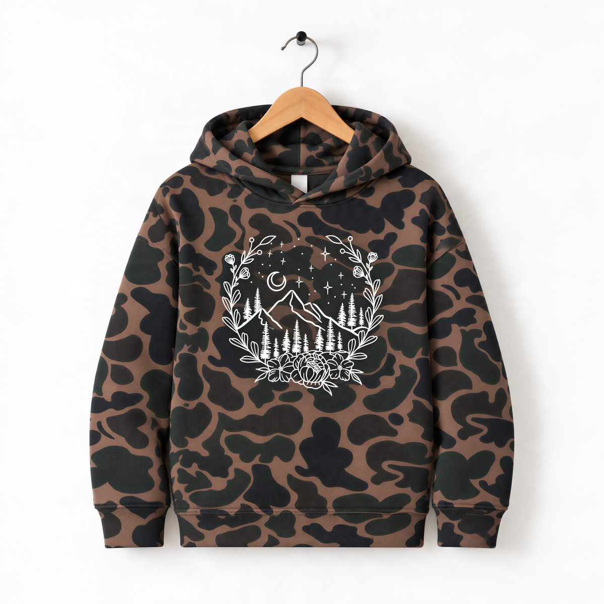 A camouflage hoodie with a white floral design on the front.