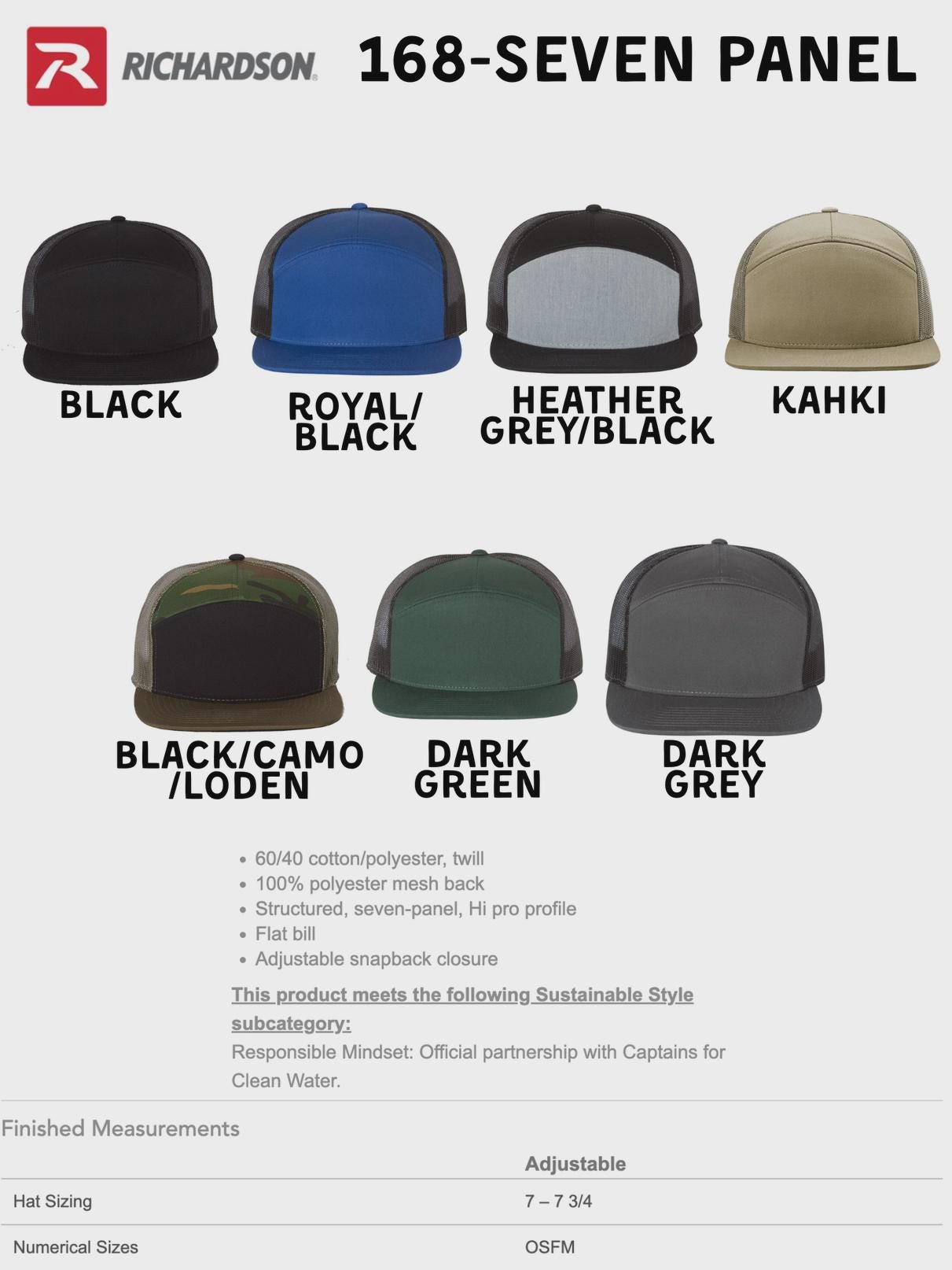 The image is a collection of seven different hat designs, each with a unique color and style.