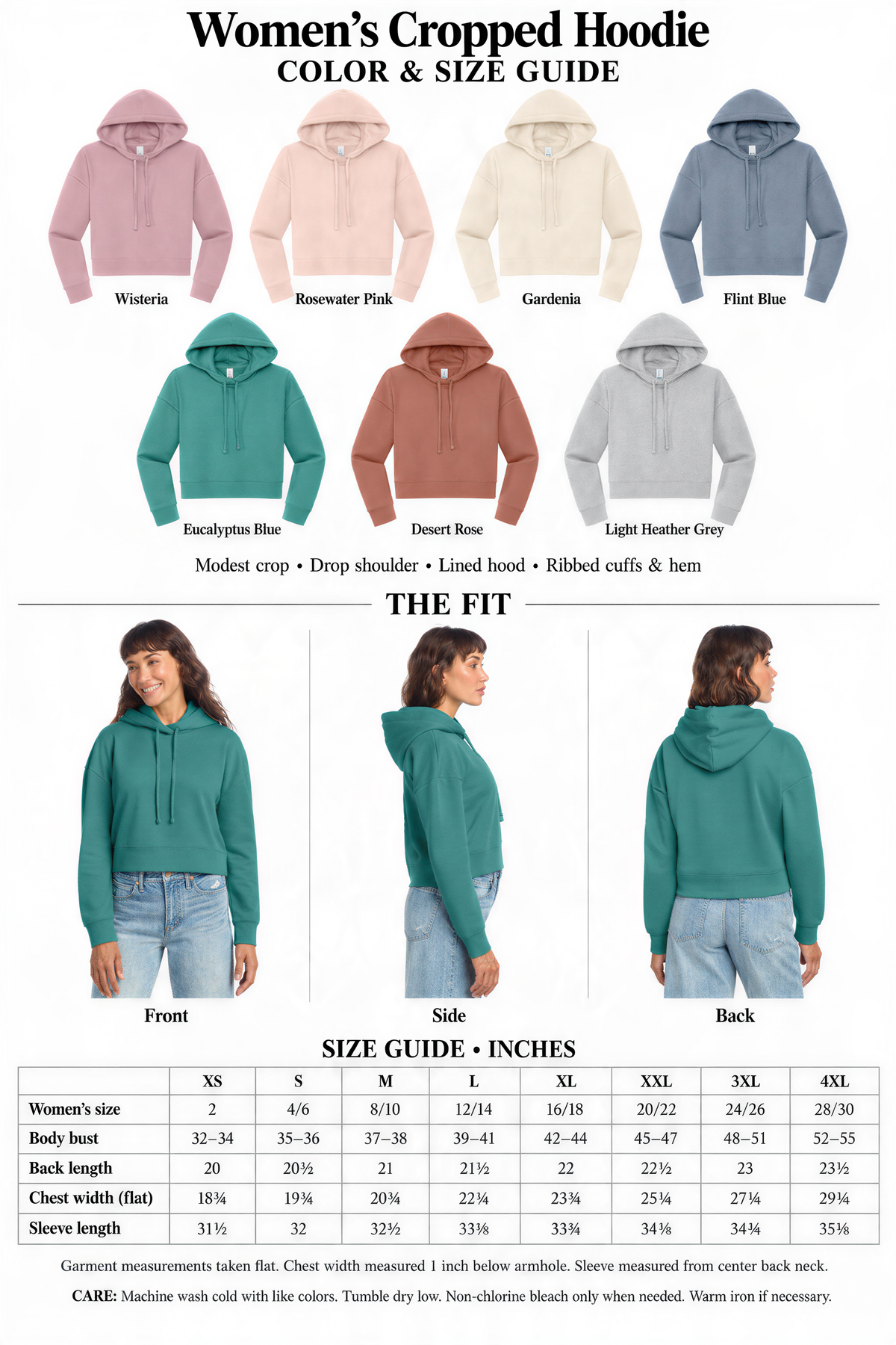 The image is a color and size guide for women's cropped hoodies. It displays various color options and corresponding sizes, along with a side-by-side comparison of the front and back views of the hoodies. The guide provides measurements for different body types, including XS, S, M, L, XL, and XXL, as well as the corresponding sleeve and back lengths. The guide also mentions that the hoodies are machine washed cold with like colors and tumble-dried.