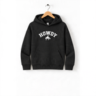 A black hoodie with the word "HOWDY" printed on it, hanging on a wooden hanger.