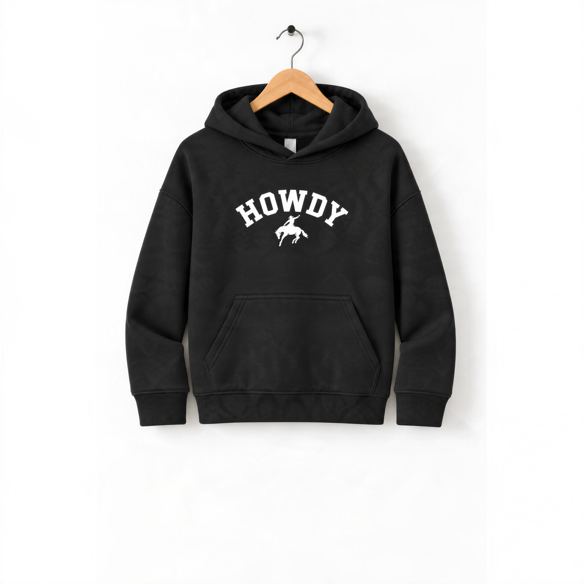 A black hoodie with the word "HOWDY" printed on it, hanging on a wooden hanger.