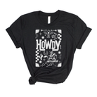 Black t-shirt with white graphic design featuring the word 'Howdy' on a white background