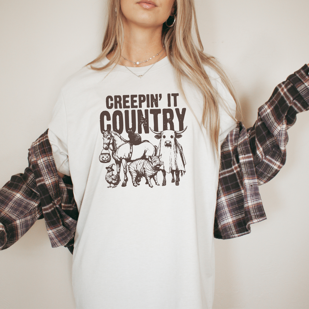 Creepin’ It Country western Halloween shirt with farm animals in costumes