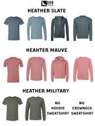 a collection of various t-shirt designs, including a slate gray long-sleeve shirt, a mauve long-sleeve shirt, a pink hoodie, and a crew-neck sweatshirt.